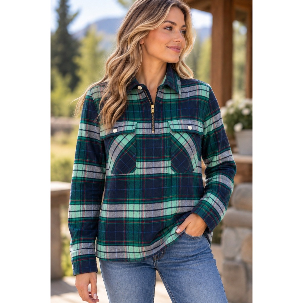 J.Crew Plaid Flannel Shirt Women XS Preppy CabinCore Green Navy Quarter-Zip Top